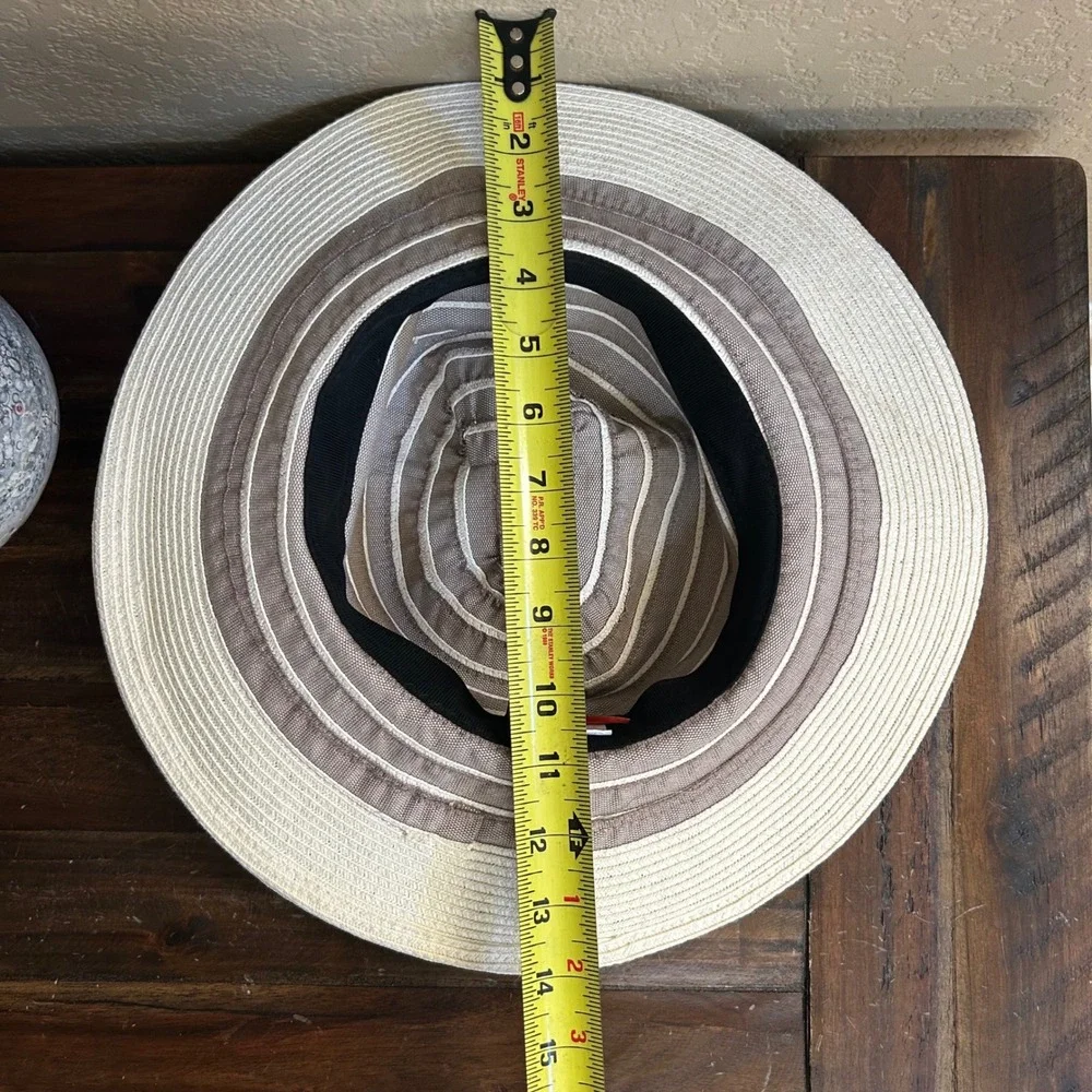 Canadian Hat Womens Packable Wide Brim Sun Hat Taupe Ivory Striped Travel M - Picture 13 of 15